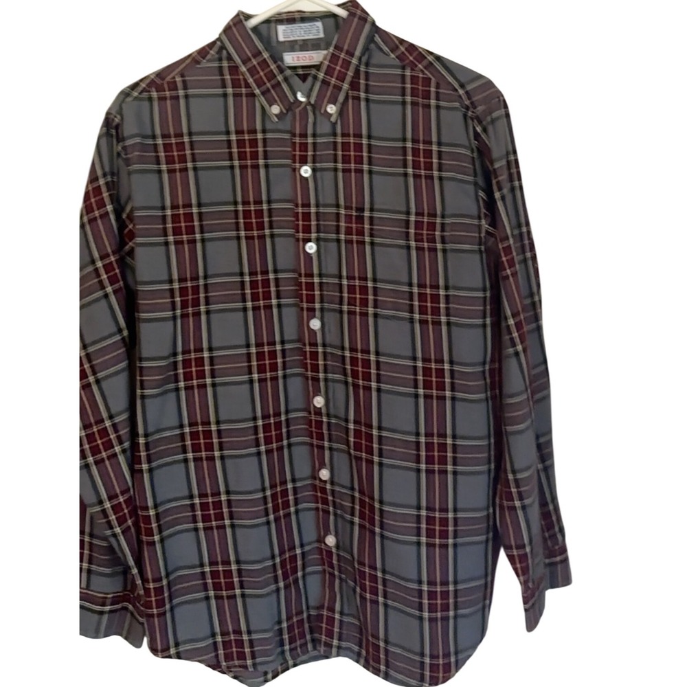 IZOD Mens XL Button Up Shirt Plaid Gray Burgundy‎ Long Sleeve Casual Top EUC